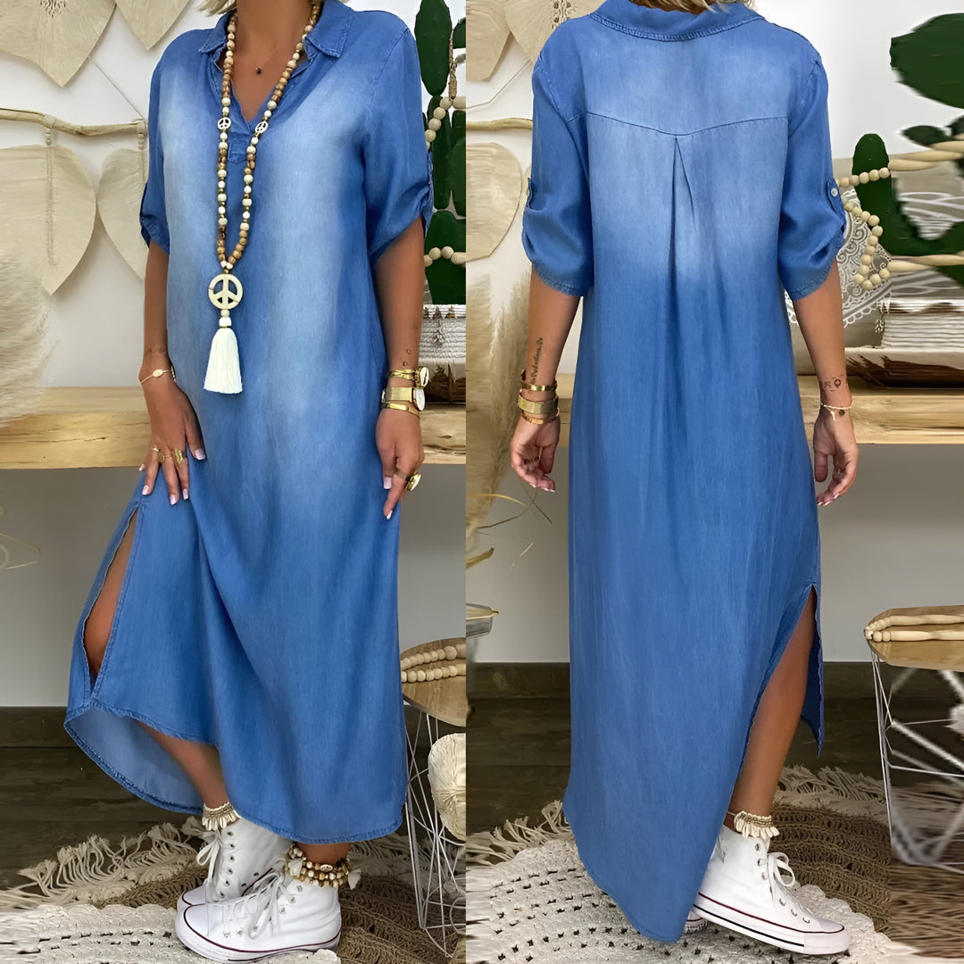 Mia™ | Long Denim-Style Dress with Side Slit