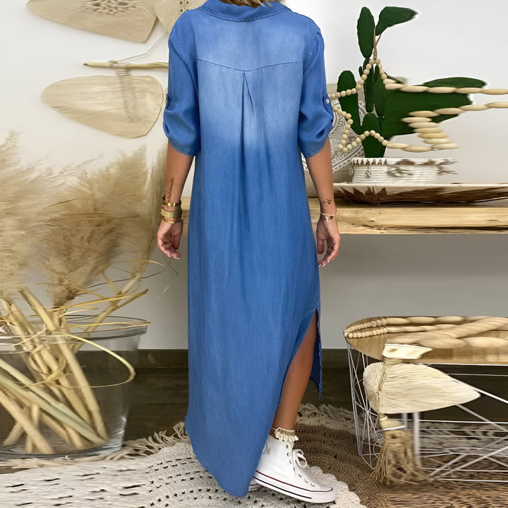 Mia™ | Long Denim-Style Dress with Side Slit