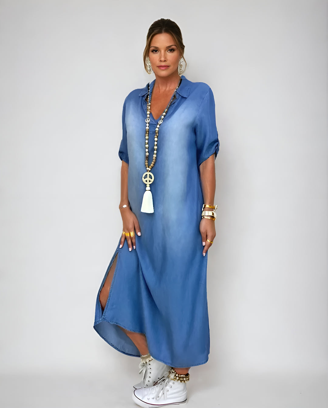 Mia™ | Long Denim-Style Dress with Side Slit