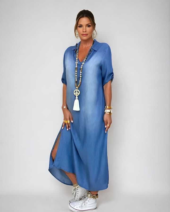 Mia™ | Long Denim-Style Dress with Side Slit