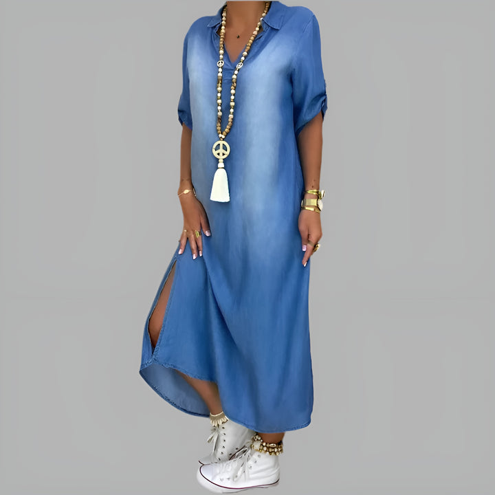 Mia™ | Long Denim-Style Dress with Side Slit