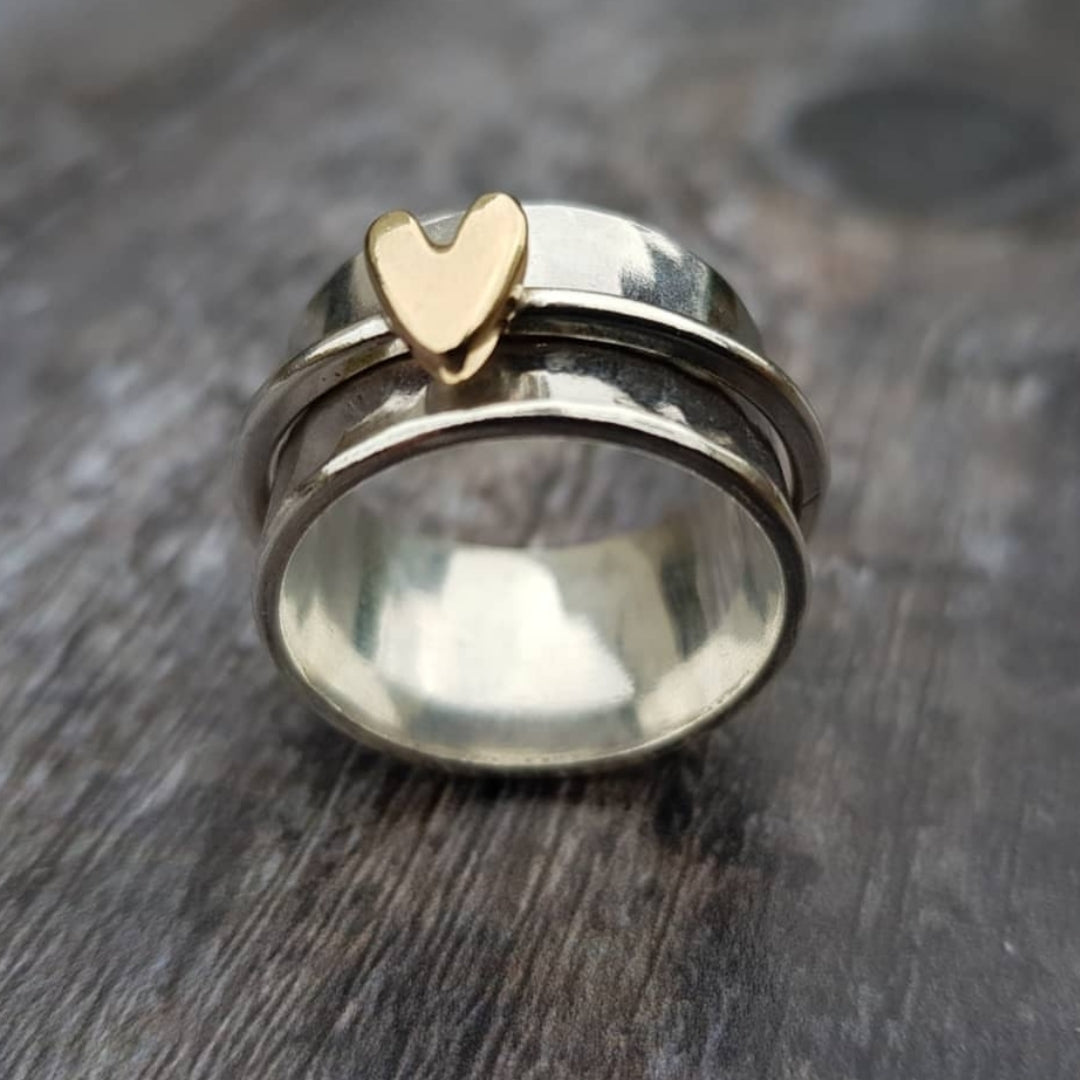 Lena™ | Vintage Silver Ladies' Ring with Golden Heart